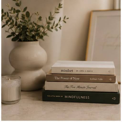 Mindfulness books beside a ceramic vase of greenery and a candle