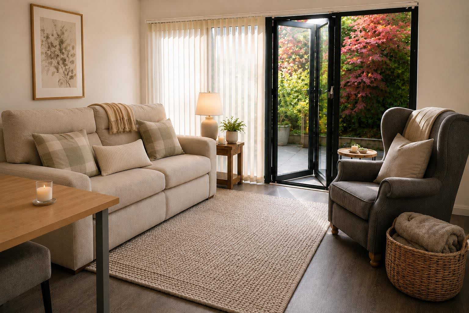 A welcoming therapy room with a soft sofa, armchair and open doors overlooking the garden